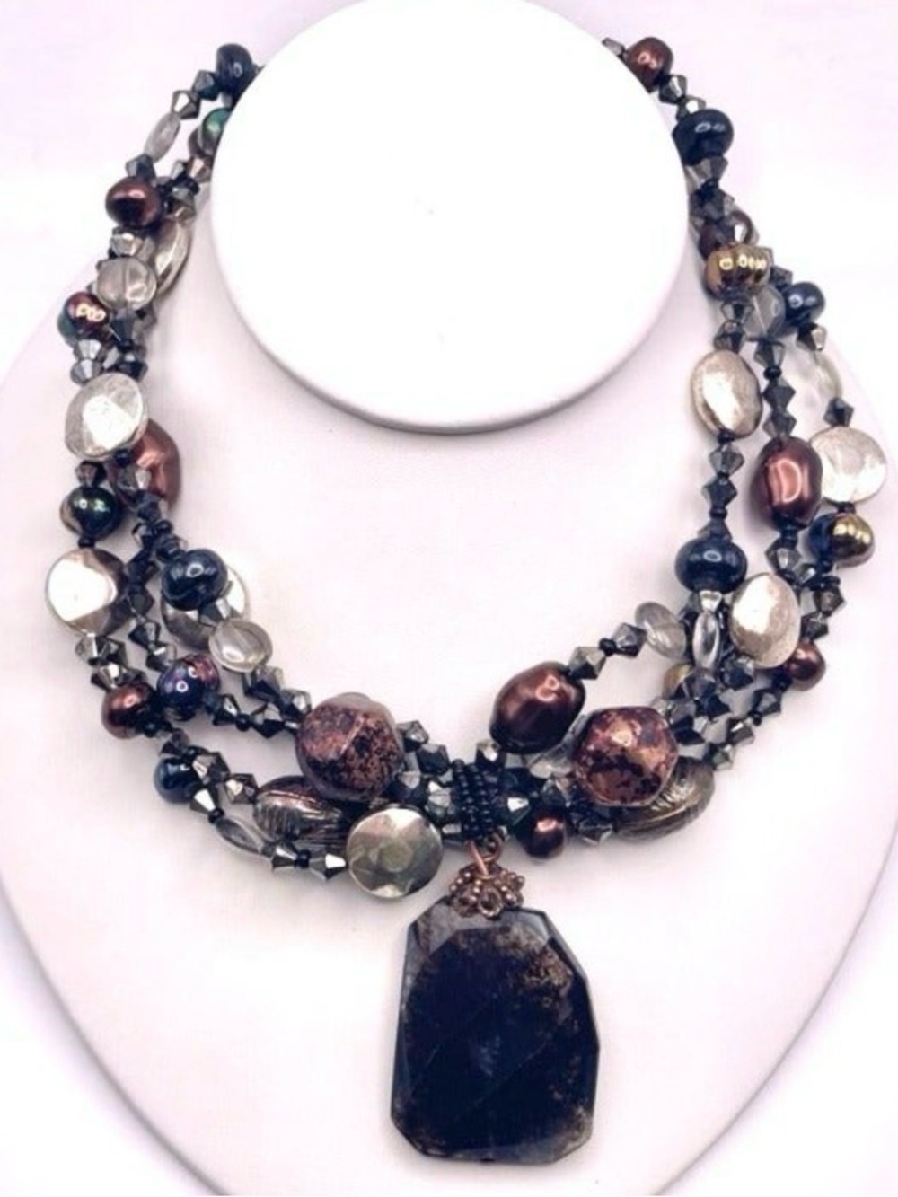 16” Chico's Black, purple, silver Beaded Necklace with Pendant